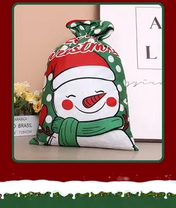 Close-up of a festive Christmas drawstring gift bag with a cute snowman print design.