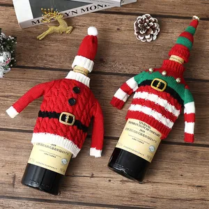 Housses décoratives tricotées pour bouteilles de vin de Noël avec Père Noël et Elfe.