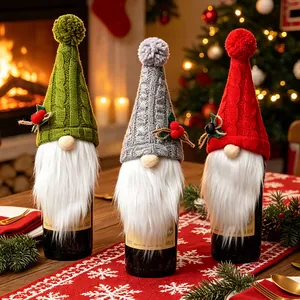 Housses de bouteille de vin gnomes en tricot avec barbe en fausse fourrure pour Noël