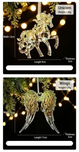 Close-up of semi-green transparent glitter Christmas ornaments unicorn and wings
