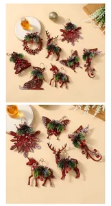 Detailed view of various red Christmas ornaments including reindeer and snowflakes.