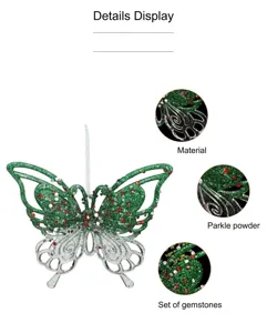 Detailed view of sparkle powder and gemstones on green glitter butterfly Christmas ornament