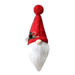 Housse de bouteille de vin gnome de Noël en tricot rouge avec longue barbe blanche