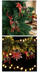 Macro view of red Christmas ornaments featuring detailed deer and snowflake designs with pinecones