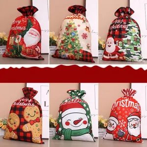 Christmas drawstring gift bags set with Santa Claus, Snowman, and Gingerbread man designs
