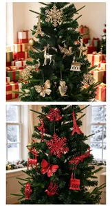 Detailed view of gold and red electroplated Christmas tree ornaments in various festive shapes
