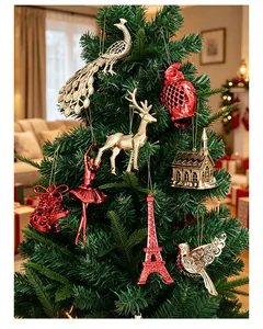 Detailed view of assorted red and gold electroplated Christmas tree ornaments on a tree.