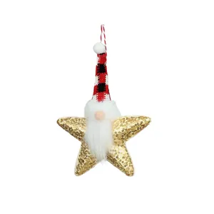 Handgefertigter Weihnachts-Stern-Anhänger mit Pailletten und Zwergen-Nikolaus-Dekoration