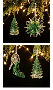 Green glitter Christmas ornaments including tree and high heel shoe hanging on tree