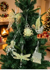 Detailed view of green glitter Christmas ornaments hanging on a festive tree branch