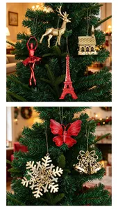 Detail view of red and gold electroplated Christmas tree ornaments in various festive shapes