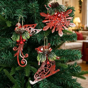 Vintage red Christmas tree ornaments set with snowflake, bird, and skate designs