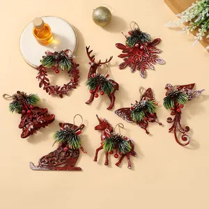 Set of red vintage Christmas ornaments with pine cones and needles for tree decoration.