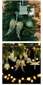 Detailed view of green translucent Christmas ornaments with glitter hanging on a tree.