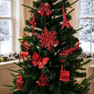 Red electroplated Christmas tree ornaments set featuring snowflakes and reindeer shapes