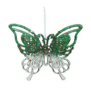 Glitter Christmas butterfly hanging ornament in green and silver for tree decoration