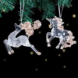 Elegant clear acrylic Christmas ornaments featuring deer and unicorn with gold sequins.