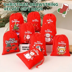 Rote Weihnachts-Geschenkbeutel aus Samt mit festlichen Zeichentrick-Aufdrucken