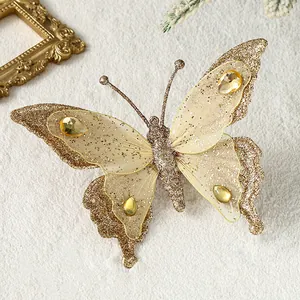 Eleganter goldener Glitzer-Netz-Schmetterling-Clip als festliche Weihnachtsbaum-Deko