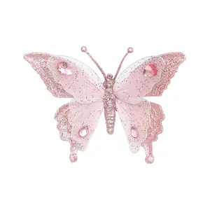 Rosa glitzernder Schmetterling Weihnachtsbaumschmuck mit Netzflügeln und Kristallen