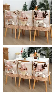 Festive dining room scene featuring three 3D Christmas character chair covers on wooden chairs.