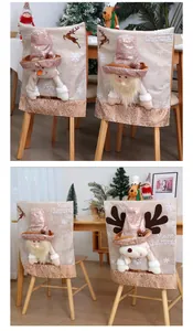 Detailed view of 3D plush Christmas chair covers with sequined hats and festive embroidery