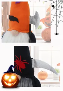 Detailopname van Halloween kabouterpoppen met vleermuis- en spinnenpatronen en zeis-accessoires.