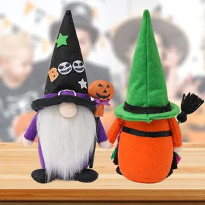 Pair of Halloween Rudolph faceless gnome plush dolls with broom and pumpkin wand decor