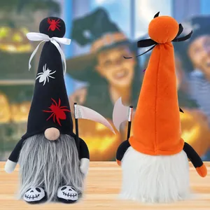 Halloween pluche kabouters decoratie met spinnenpatronen en miniatuur bijl-zeis rekwisieten