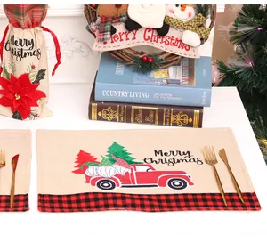 Linen Christmas placemat with red truck and forest gnome design for holiday table décor