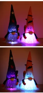 Primer plano detallado de gnomos de Halloween brillantes con barbas LED en la noche