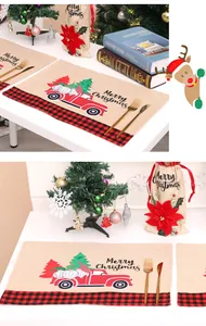 Festive Christmas burlap placemats featuring a red truck and gnomes print decor