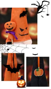 Vista detallada del gorro de gnomo de Halloween con motivos de murciélago y calabaza