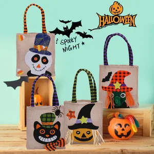 Halloween Linen Candy Bags Cartoon Pumpkin Witch Skull Black Cat Burlap Gift Bags For Kids Party Favor Decorations Treat Pouch