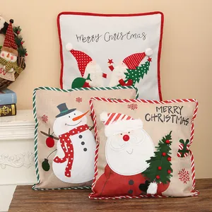 Christmas Throw Pillow Case Santa Snowman Gnome Printed Faux Linen Decorative Square Cushion Cover For Home Holiday Decor