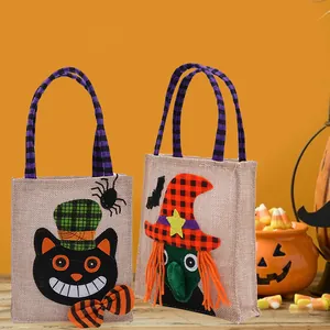 Halloween linen gift bags with cute cartoon cat and witch designs for party treats