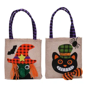 Halloween burlap gift bags with cartoon witch and black cat designs
