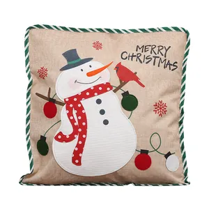 Rustic Christmas snowman linen throw pillow cover with festive Merry Christmas text
