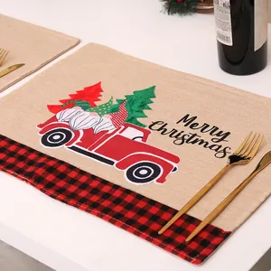 Festive Christmas burlap placemat featuring gnomes in a red truck with plaid trim