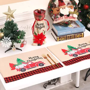 Festive linen Christmas placemats and wine bag set featuring red truck and gnomes