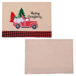 Linen Christmas placemat with gnomes, red truck and Merry Christmas print, dual side views