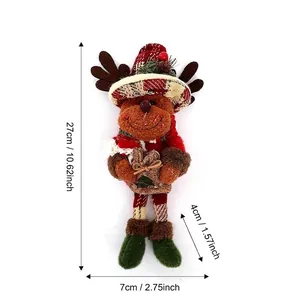 Muñeco de reno navideño de peluche con piernas largas, gorro alto y saco de yute