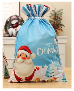 High-quality Christmas velvet drawstring gift bag featuring a Santa Claus print in blue
