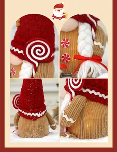 Detailed view of LED glowing Christmas gingerbread gnome with red knit hat and braids