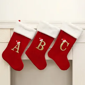 Large Red Christmas Stocking Ornament With Gold Alphabet Sequins Plush Cuff Xmas Tree Hanging Decoration For Home Fireplace