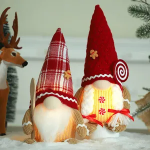 Christmas Gingerbread Gnome LED Light Up Ornament Faceless Plush Doll With Lollipop Spoon For Xmas Home Window Display Decor