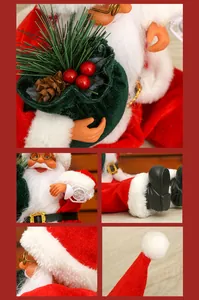 Close-up details of a sitting Santa Claus doll with plush velvet sack and white lantern.