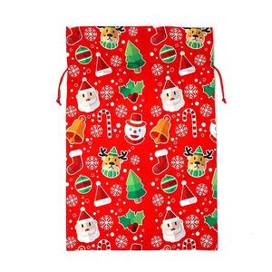Festive Christmas drawstring flannel gift bag with colorful Santa and reindeer prints