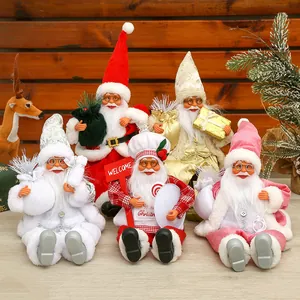 12 Inch Sitting Santa Claus Doll With Silicone Face Fabric Christmas Old Man Figurine Table Decoration Xmas Home Ornament