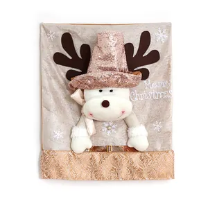 Elegant champagne Christmas chair back cover with 3D sequined reindeer plush decoration